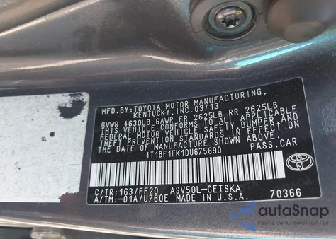 2013 Toyota Camry Se from USA, damaged, VIN 4T1BF1FK1DU675890